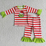 Girl Green Screen Print Striped Pajamas Outfit