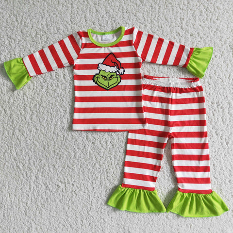 Girl Green Screen Print Striped Pajamas Outfit