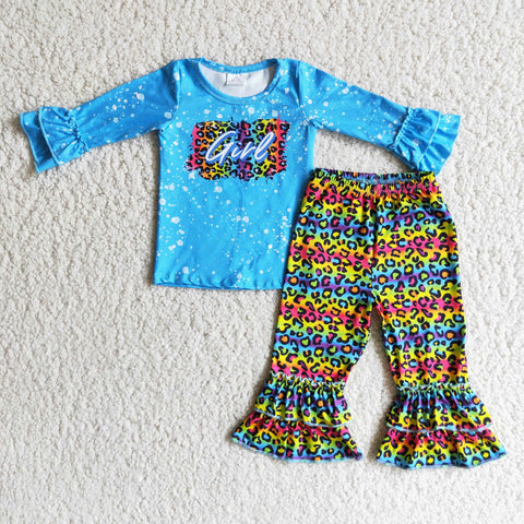 Clearance Girl Blue Bleached Rainbow Leopard Outfit