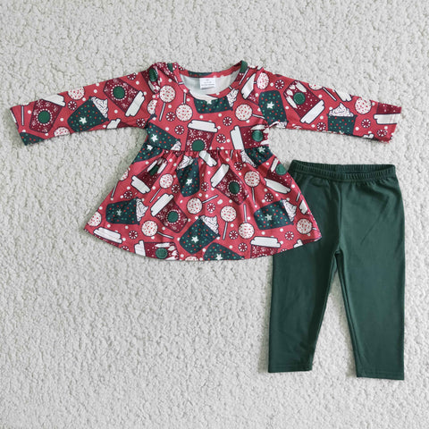 6 A18-29 Girl Drinks Snowflake Tunic Green Pant Outfit-promotion 2024.11.23