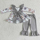 Girl Snowman Deer Bows Tunic Grey Pant Outfit