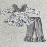 Girl Snowman Deer Bows Tunic Grey Pant Outfit