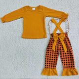 Girl Orange Long Sleeve Turkey Plaid Overall Outfit