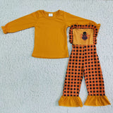 Girl Orange Long Sleeve Turkey Plaid Overall Outfit