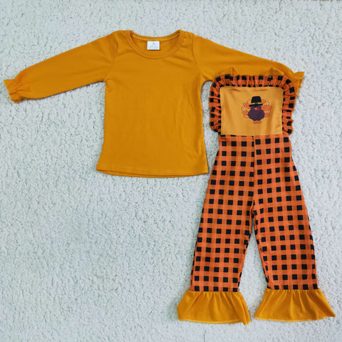 Girl Orange Long Sleeve Turkey Plaid Overall Outfit