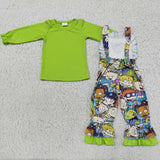 Girl Green Long Sleeve Screen Print Overalls Outfit