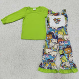 Girl Green Long Sleeve Screen Print Overalls Outfit