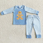 Boy Embroidery Gingerbread Blue Striped Pajamas Outfit