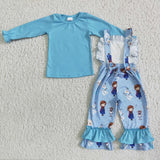 Girl Blue Long Sleeve Screen Print Overalls Outfit