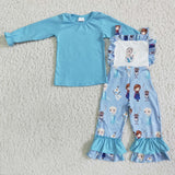 Girl Blue Long Sleeve Screen Print Overalls Outfit