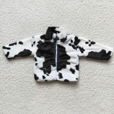 Girl Cow Print Zipper Faux Fur Jacket
