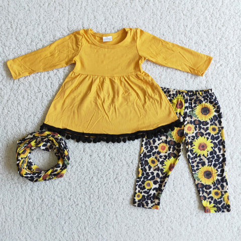 Girl Solid Tunic Sunflowers Leopard 3 Pieces Outfit