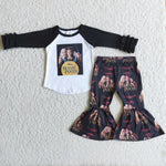 Girl Black Ruffles Sleeve Print Pant Outfit