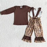 Girl Brown Long Sleeve Camouflage Overalls Outfit