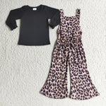 Girl Black Long Sleeve Leopard Overall Outfit