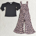 Girl Black Long Sleeve Leopard Overall Outfit