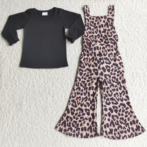 Girl Black Long Sleeve Leopard Overall Outfit