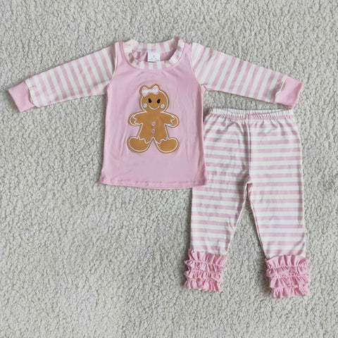 Girl Pink Embroidery Gingerbread Striped Pajamas Outfit