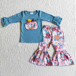 Girl Blue Pumpkin Flowers Bell Bottom Outfit