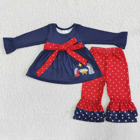 6 B1-2 Girl Navy Nativity Tunic Red Dot Stars Pant Outfit-promotion 2024.10.26