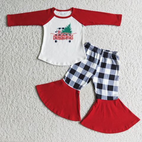 6 A12-15 Girl Christmas Trees Plaid Bell Bottom Outfit-promotion 2024.11.16