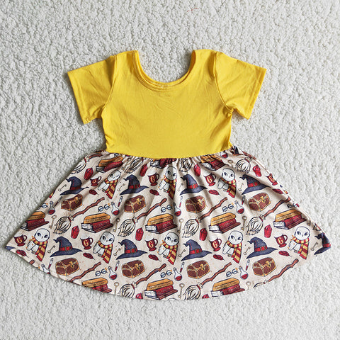 Girl Yellow Print Short Sleeve Twirl Dress