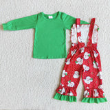 Girl Green Long Sleeve Santa Claus Overalls Outfit