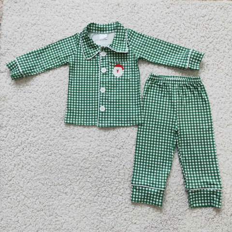 Boy Santa Claus Pocket Green Plaid Cardigan Pajamas Outfit