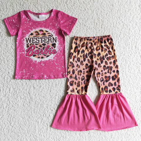 Western Girl Letter Print Pink Bleached Short Sleeve Shirt Girls Leopard Clothing Set