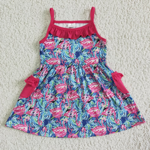 Rose Pink Sleeveless Flamingo Pocket Baby Girls Summer Dress
