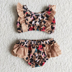 Girl Brown Ruffles Leopard 2 Pieces Swimsuits
