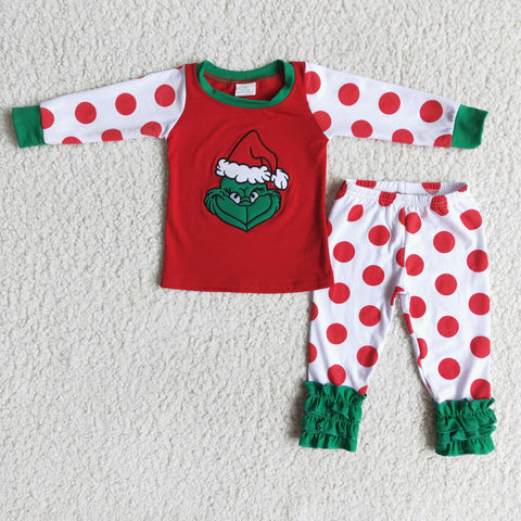 Girl Embroidery Green Monster Dot Pajamas Outfit