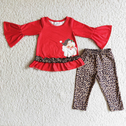 Girl Christmas Red Santa Claus Leopard Outfit