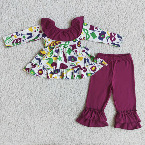 Girl Mardi Gras Print Bows Tunic Purple Pant Outfit