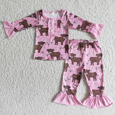 Girl Pink Cow Print Ruffle Pant Pajamas Outfit