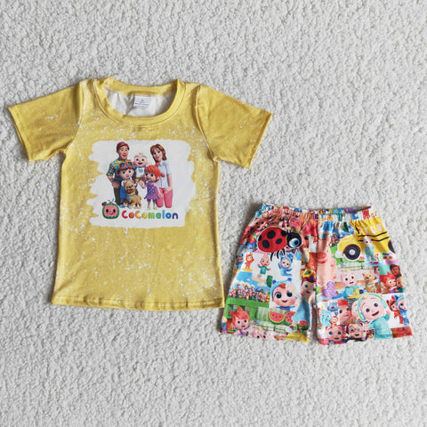 Boy Yellow Bleached Short Sleeve Cartoon Shorts Outfit