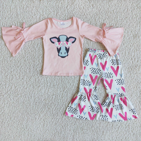 Girl Pink Cow Head Shirt Heart Bell Bottom Outfit