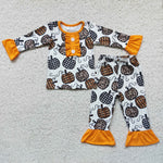 Girl Pumpkin Print Ruffle Pants Pajamas Outfit