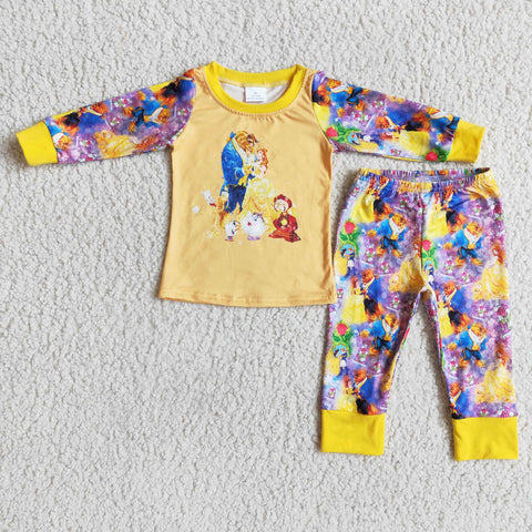 Girl Yellow Screen Print Cartoon Pajamas Outfit