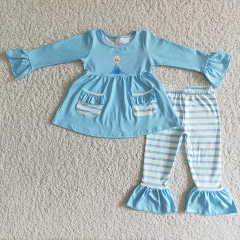 Girl Screen Print Pockets Blue Striped Outfit