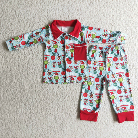 Boy Green Monster Pocket Cardigan Pajamas Outfit