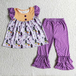 Girl Cartoon Pumpkin Purple Dot Outfit