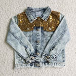 Button Sequins Little Girls Denim Jacket