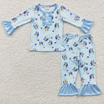 Blue dog baby girl ruffle pajamas set