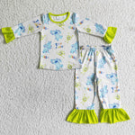 GLP0153 Girl Fluorescent Blue Monster Print Girls Pajamas Outfit-promotion 2024.10.12