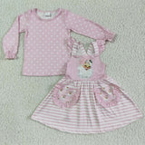Christmas Santa Skirt Outfit Pink Polka Dot Shirt Long Sleeve Dress