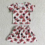 Summer Fashion Girls Red Bow Polka Dot Short Sleeve Skirt Outfits