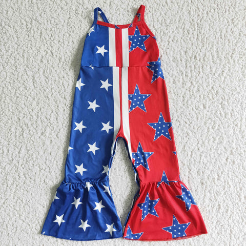 4th Of July Blue Red Patchwork Star Jumpsuit With Suspenders