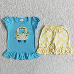 D12-26 Girl Embroidery School Bus Dot Short Outfit-promotion 2024.6.15