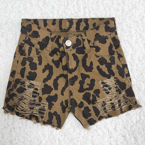 Girl Leopard Button Shorts Ripped Jeans